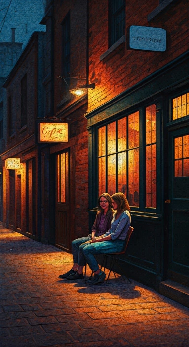 Whispers in a Twilight Alleyway, Neo-Expressionist Oil Paste...