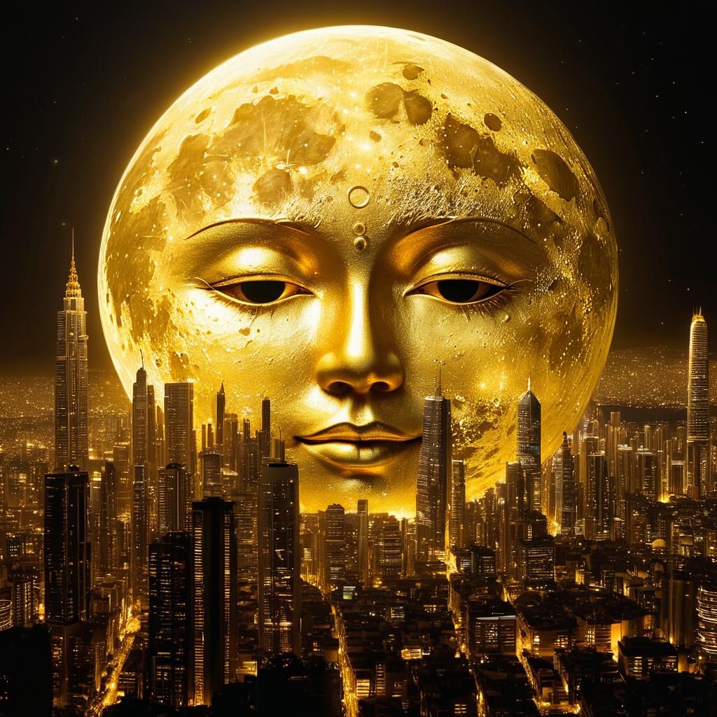 Dreamlike Golden City Blended into Moon Face