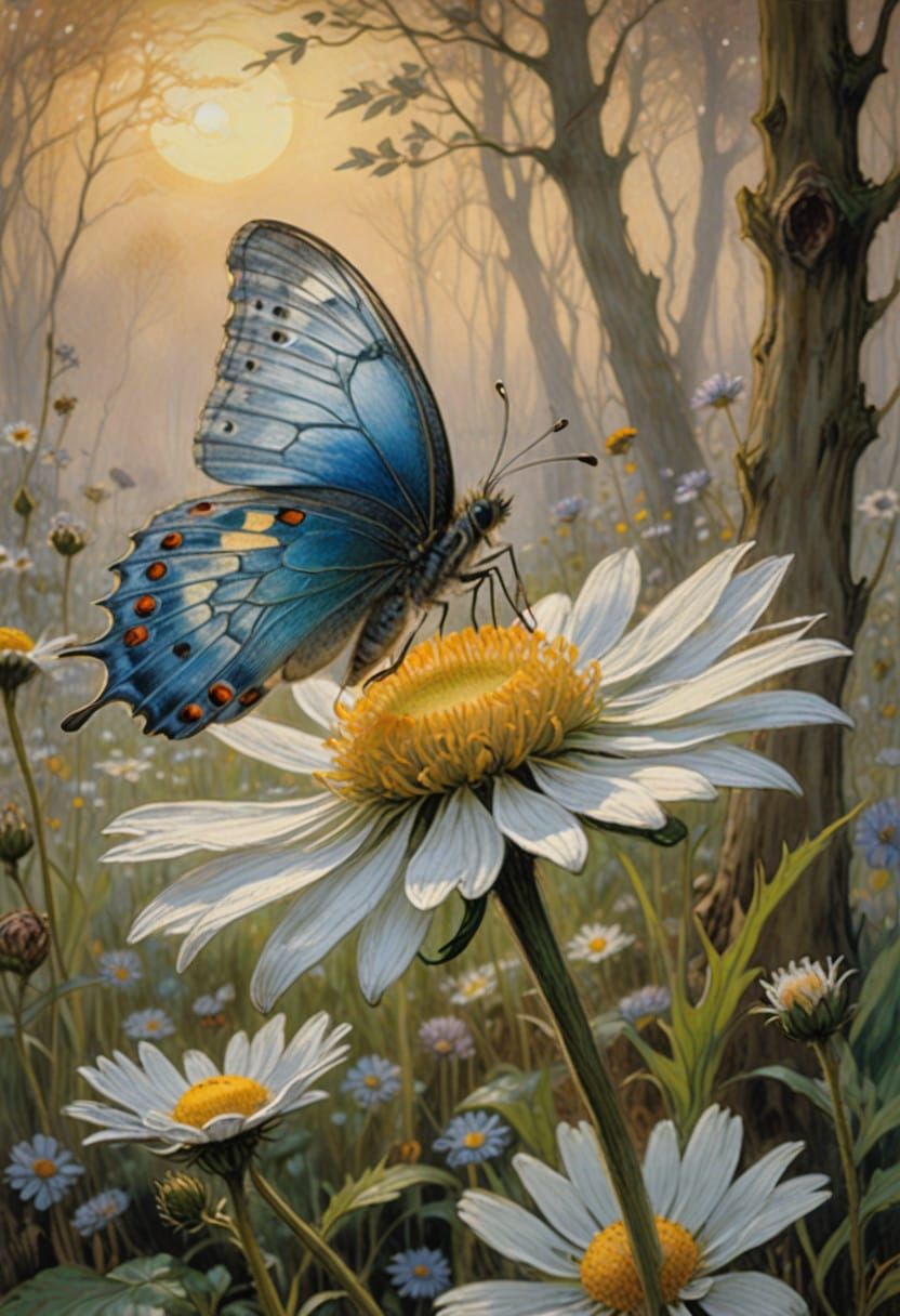 Ethereal Forest Sunset with Butterfly on Daisy in Mystical F...