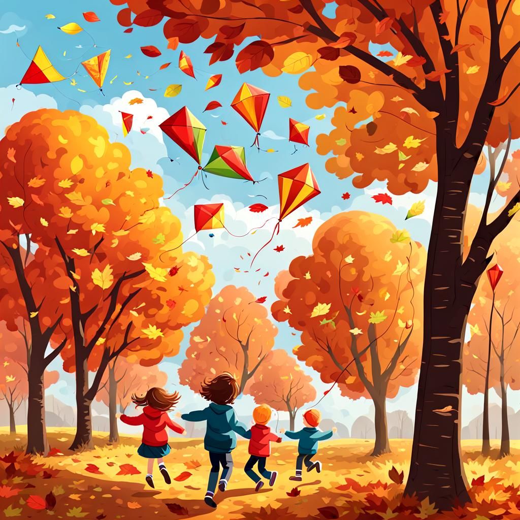 Children Flying Kites on a Windy Autumn Day