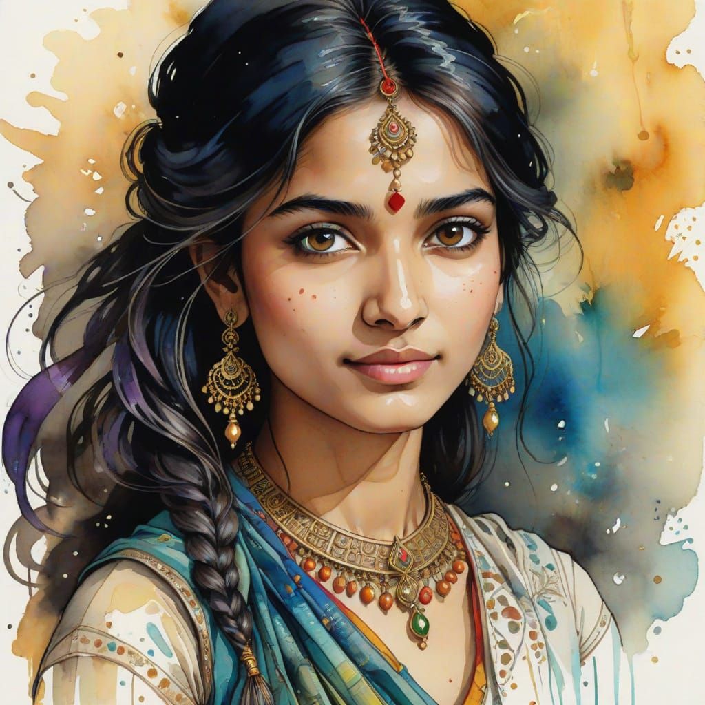 Inked Watercolor Portrait of a Punjab Princess