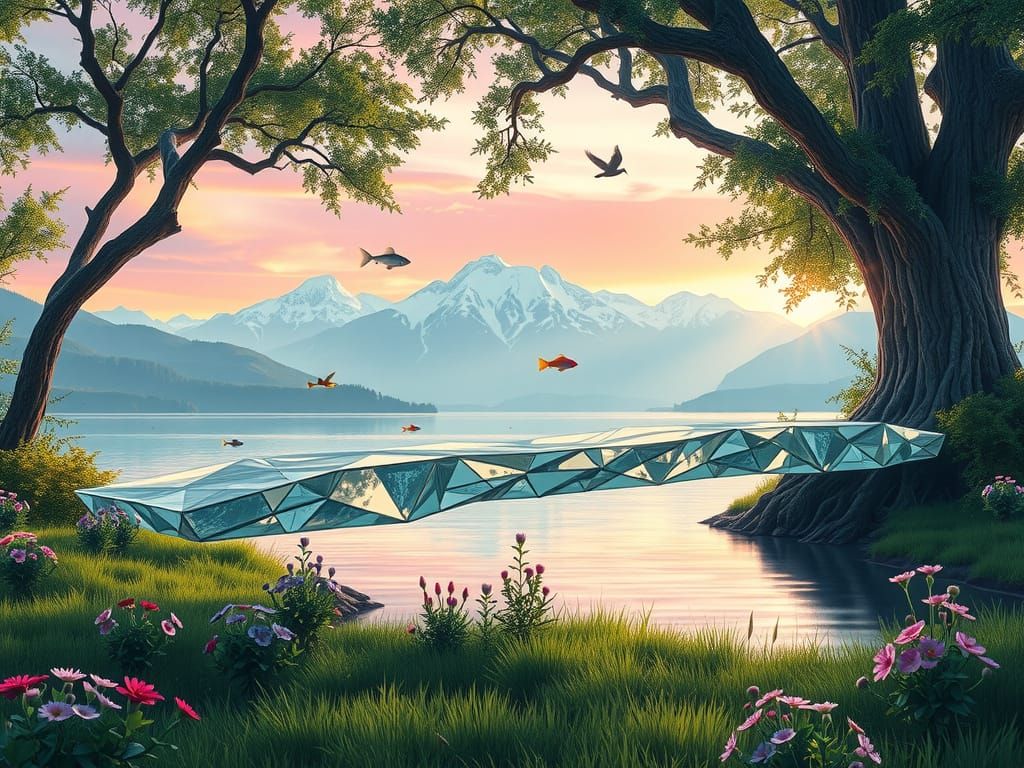 Ethereal Glass Bridge in a Serene Lake Landscape