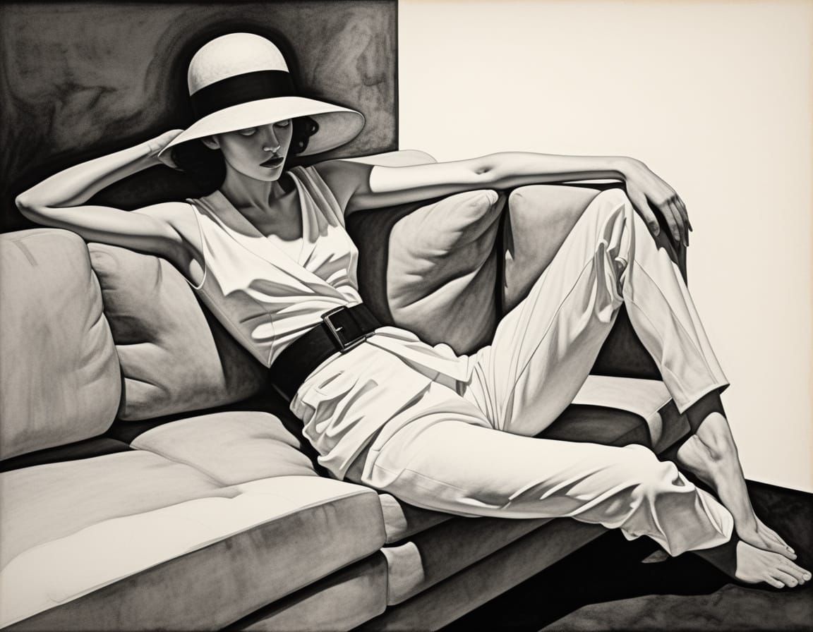 Elegant Woman in Charcoal Drawing with Wide-Brimmed Hat