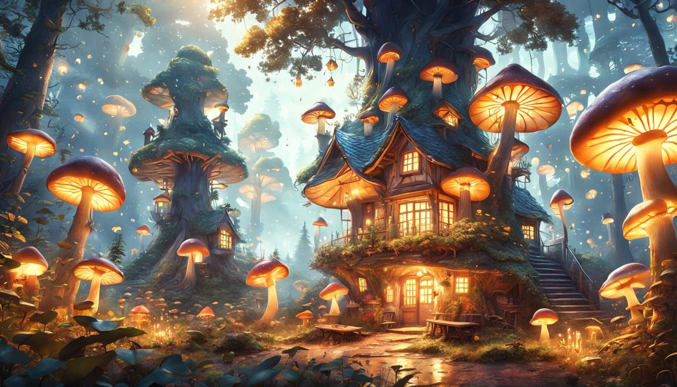 Mushroom Houses in Deciduous Forest with Fireflies