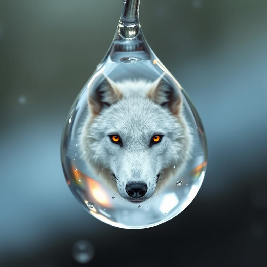 Raindrop Wolf with Amber Eyes in a Dreamy, Symbolic World