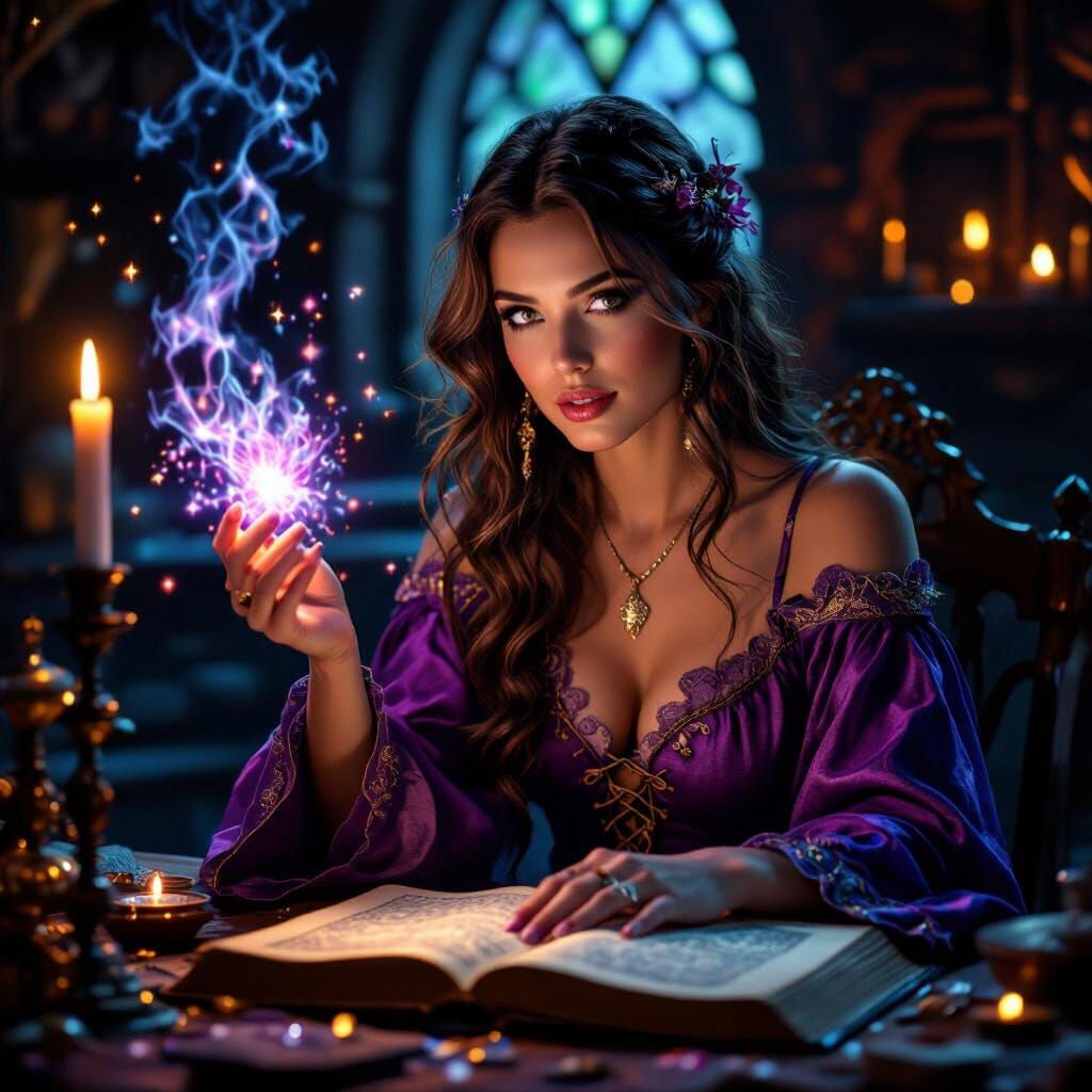 Enchantress Casts Spell from Magic Tome