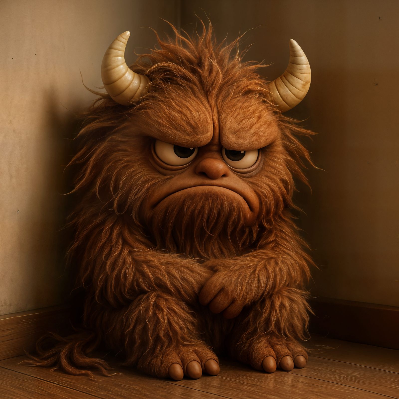 Adorable Hairy Monster Sulking in Time Out Corner