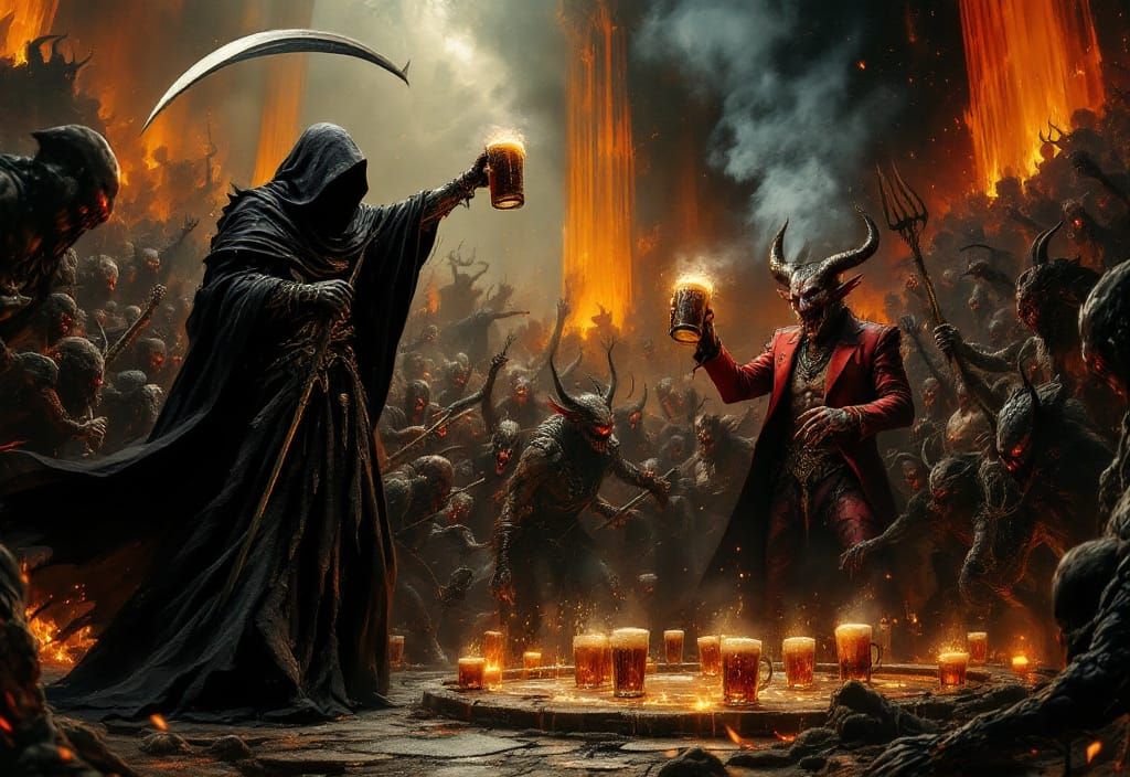 Hellish Party with Grim Reaper in Dark Surrealism