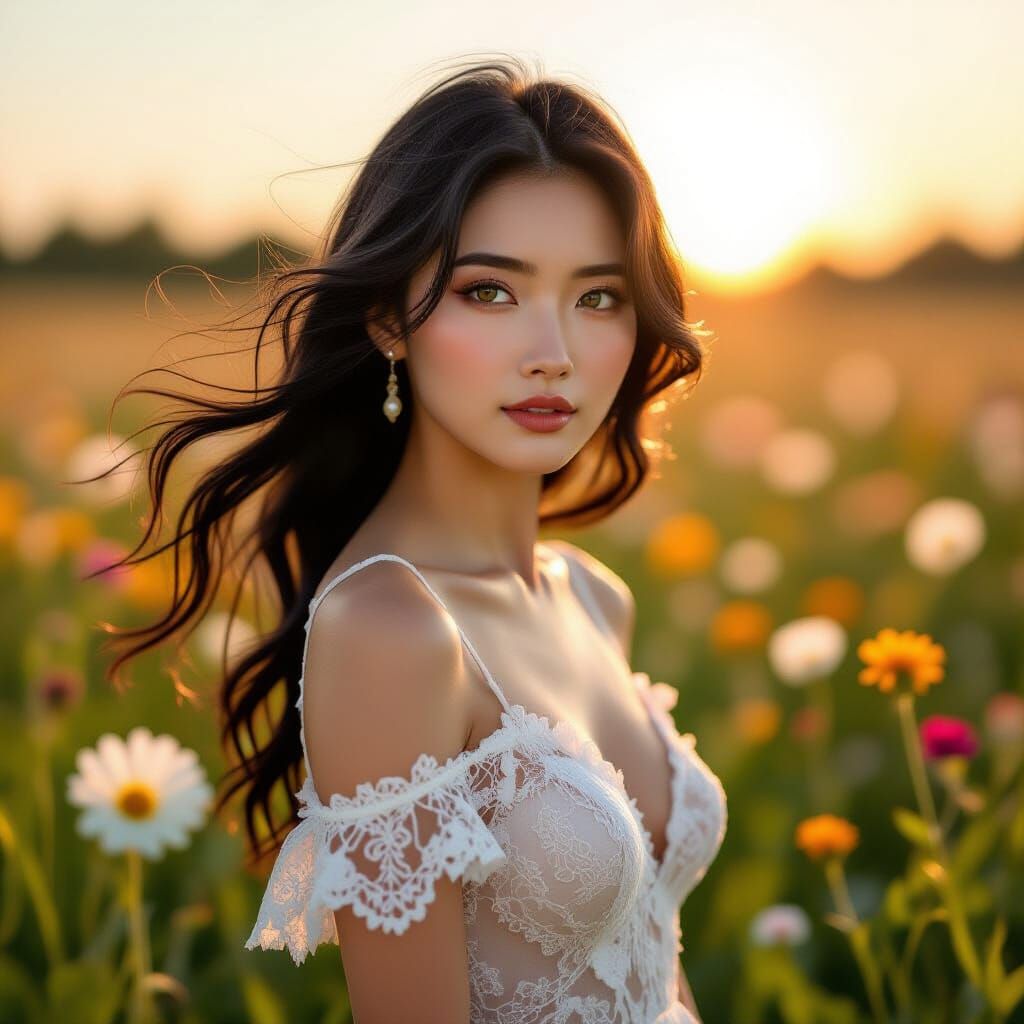 Hyper-Realistic Japanese Woman in Wildflower Field at Dawn