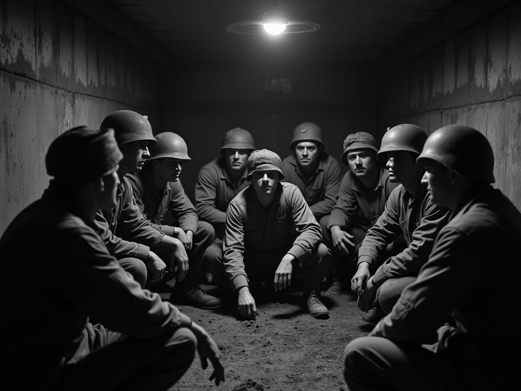 WWII Soldiers Plan Mission in Gritty Bunker