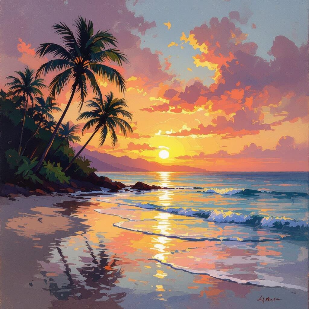 Serene Tropical Island Sunrise in Impressionistic Style