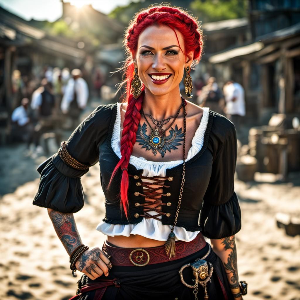 Smiling Red-Haired Pirate Queen with Sun Tattoo