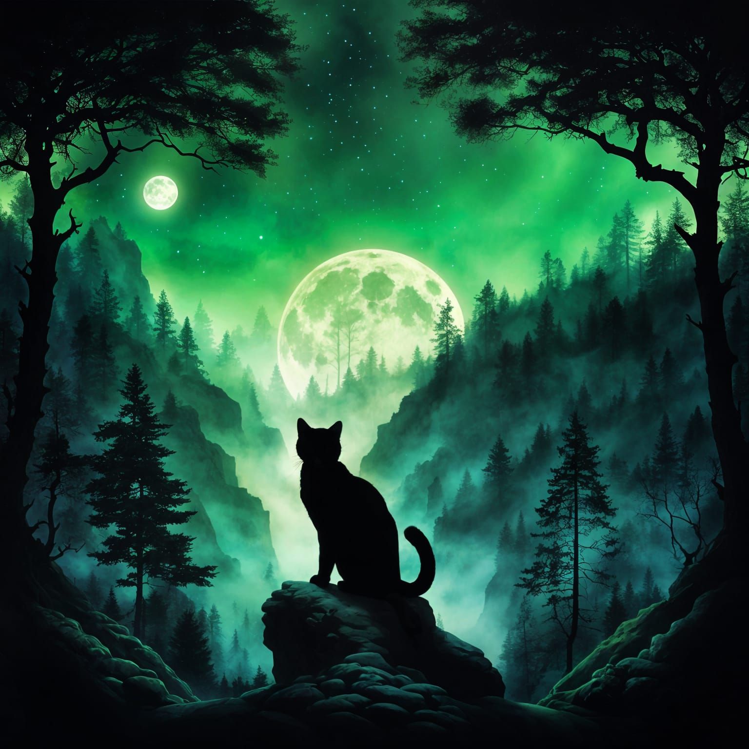 Mystical Cat Silhouette Containing Forest Landscape