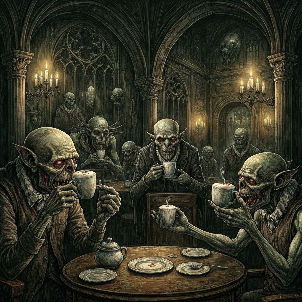 Gothic Cafe Scene with Macabre Creatures