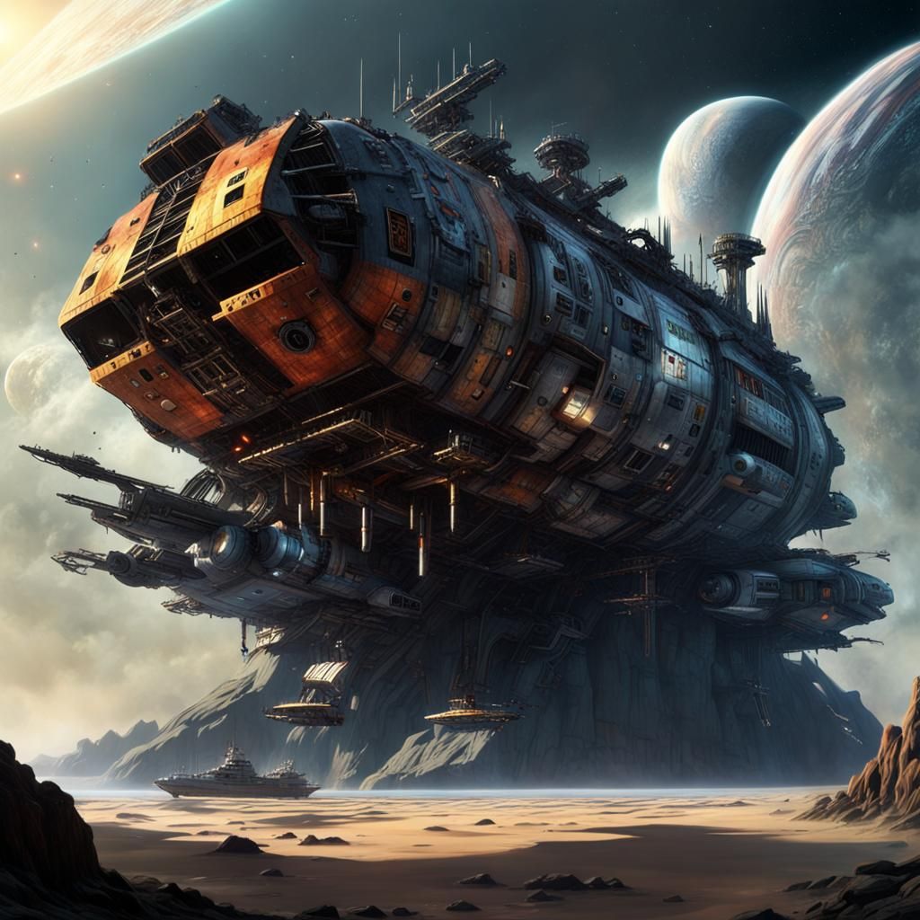 Cosmic Outpost in Chris Foss Style: Hyperrealistic Survivor ...