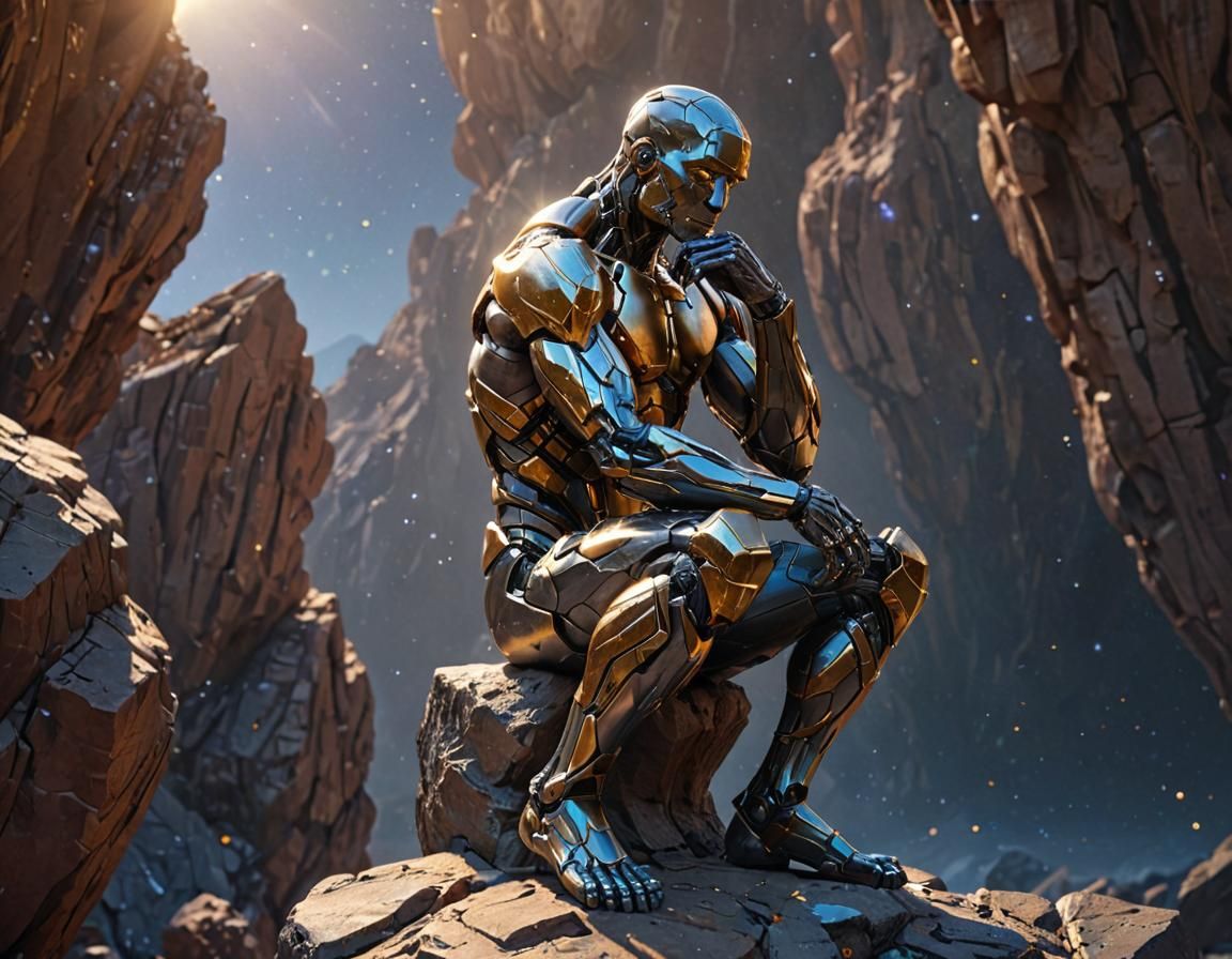 Contemplative Figure on Asteroid in Surreal Cosmos