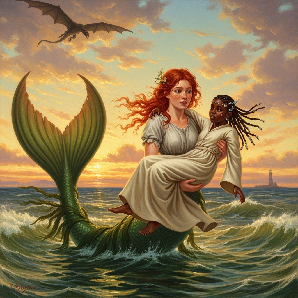 Mermaid Rescuing Wizard, Romanticism-style Oil Painting