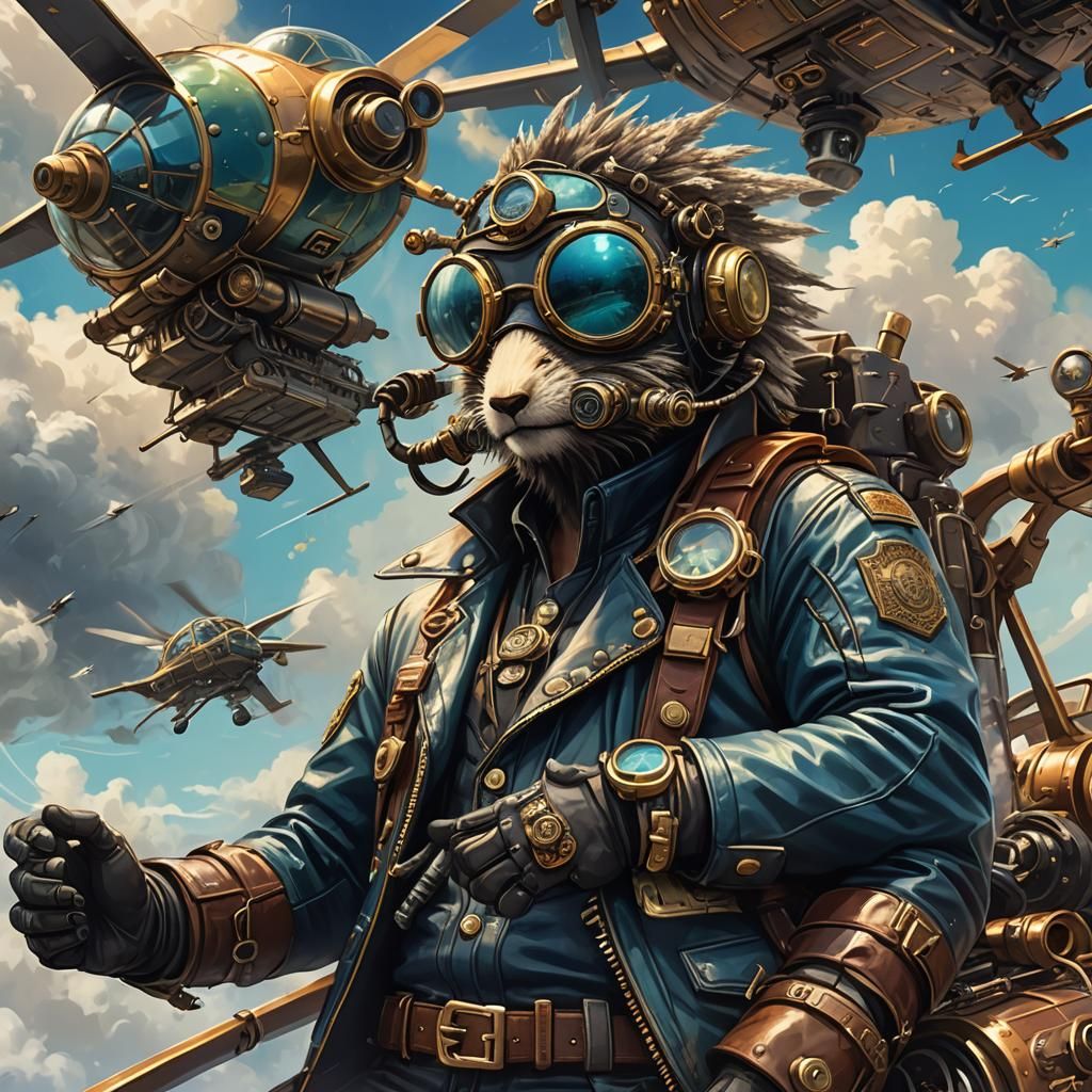 Porcupine Pilot Flies Steampunk Helicopter: Artstation Style