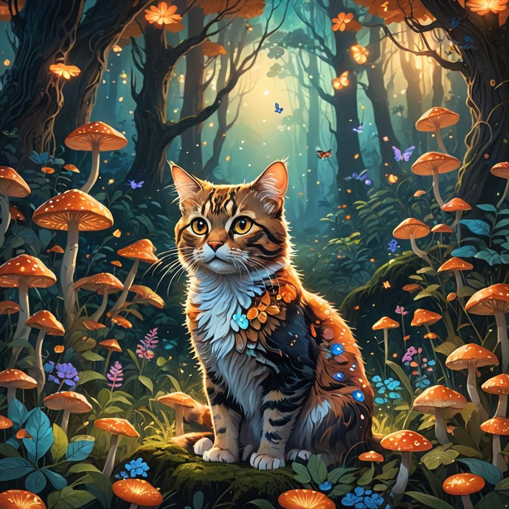 Cat in Whimsical Forest: Matte Painting Concept Art