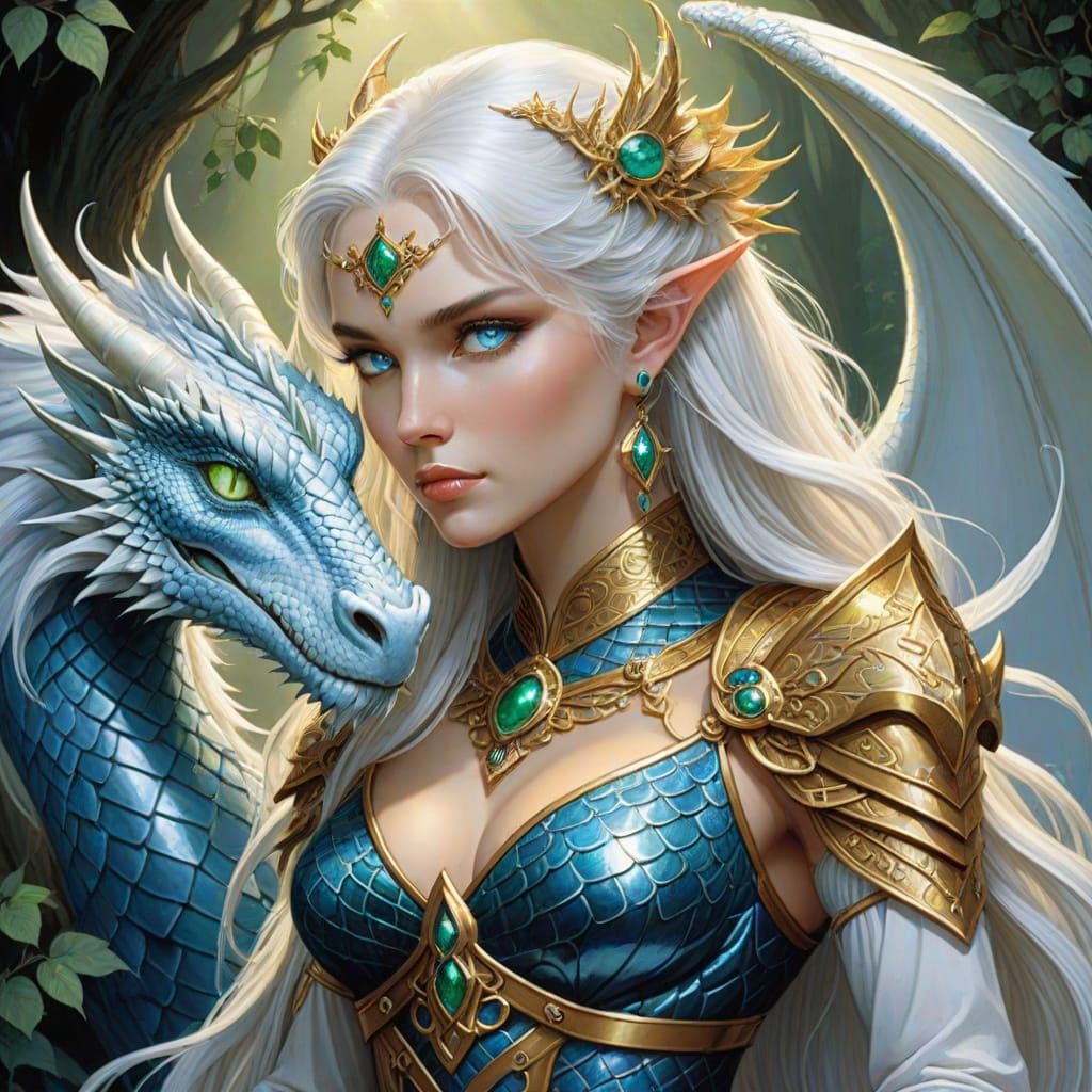 Dragon Goddess in Regal Splendor, Beside Majestic White Drag...