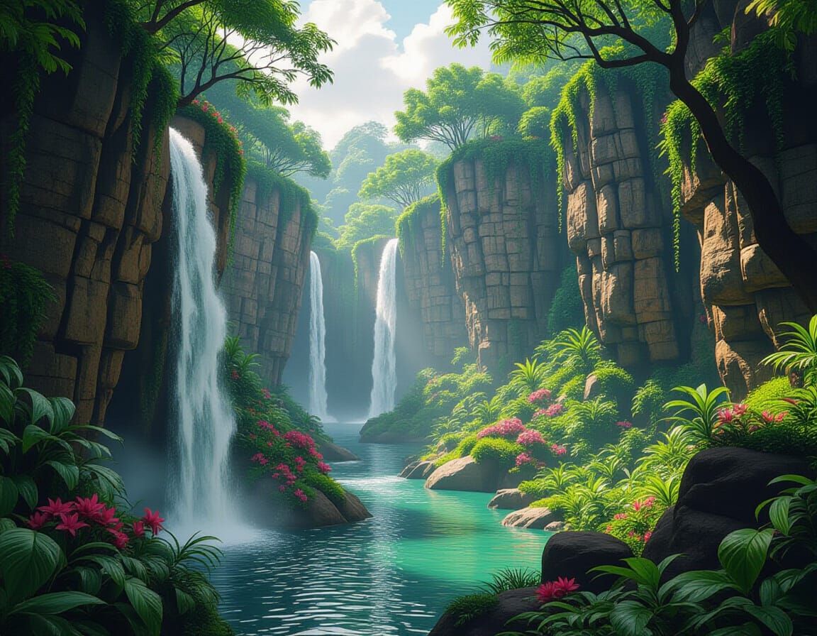 Lush Secret Garden with Waterfalls, Matte Painting