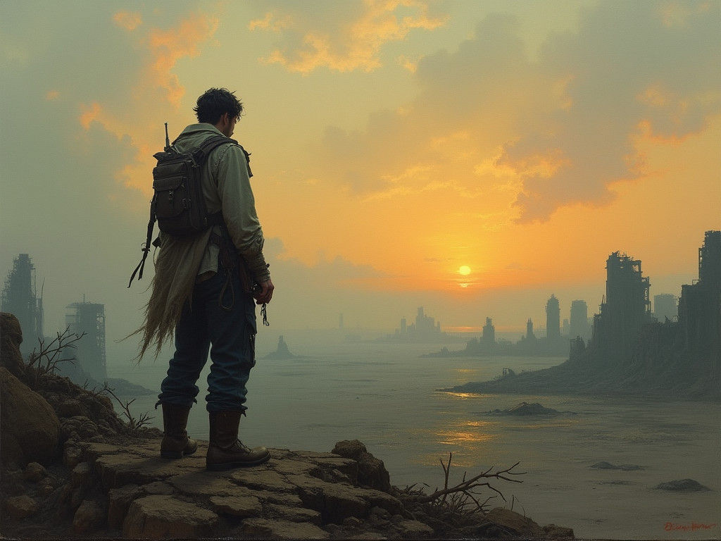 Post-Apocalyptic Man in Barren Wasteland, Dramatic Oil Paint...