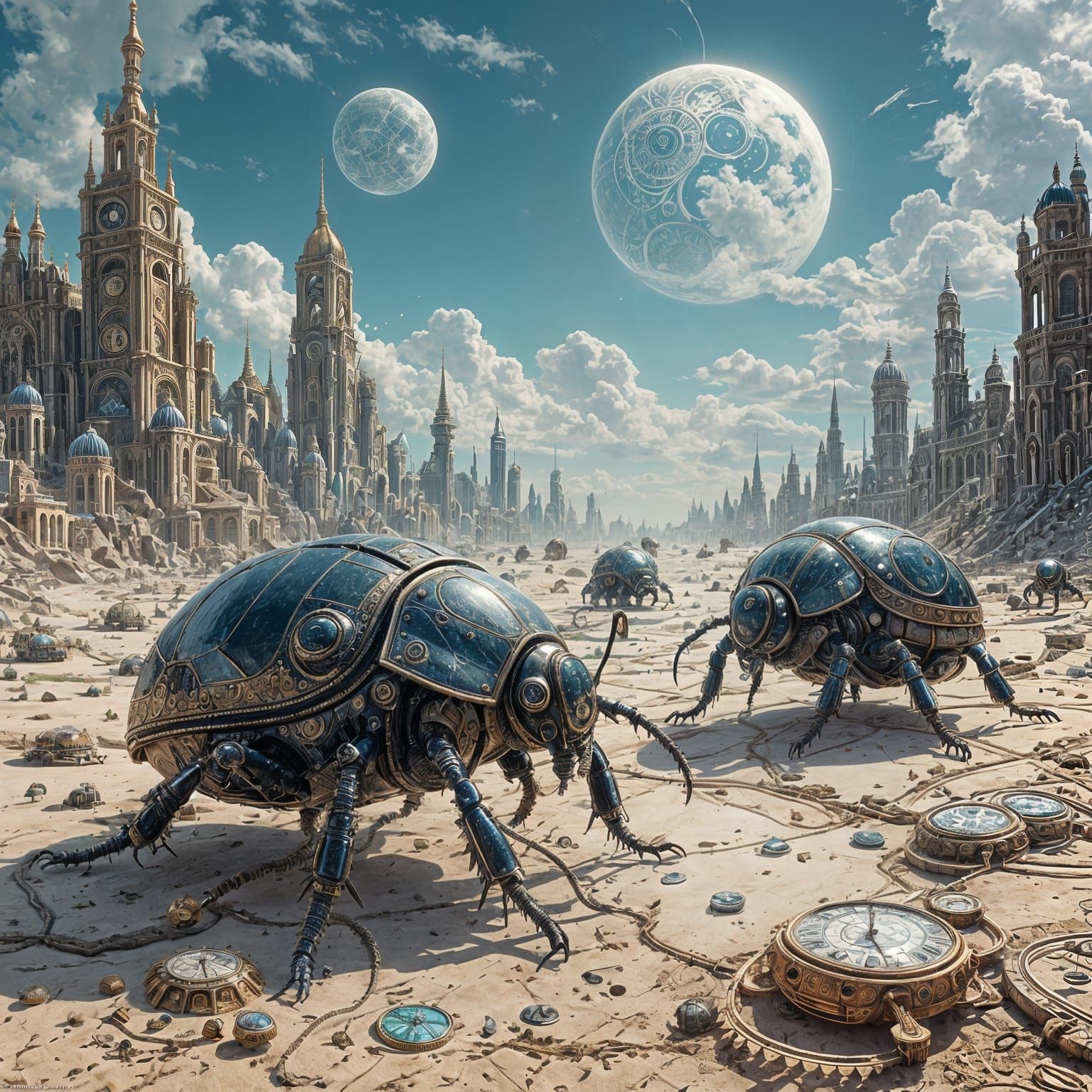 Clockwork Scarabs Cross Glass Dunes in Surreal Cityscape