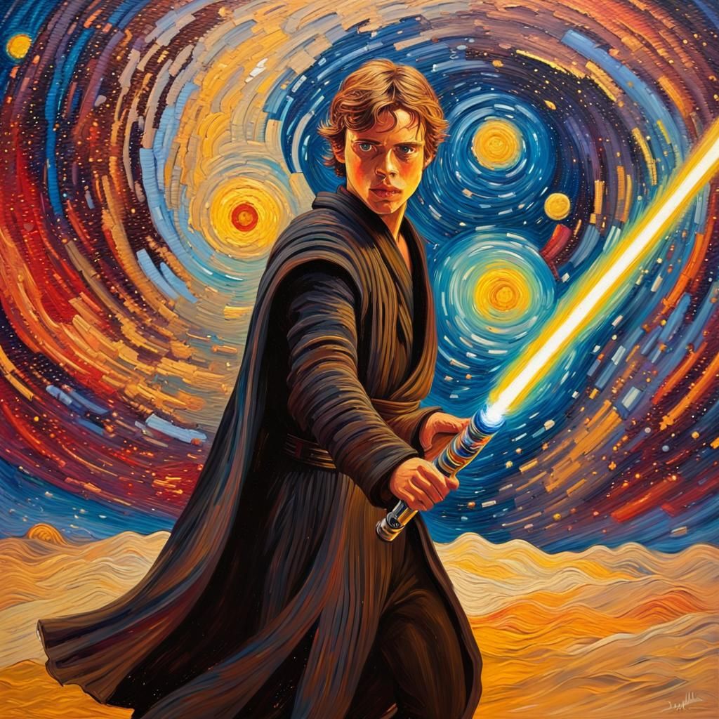 Anakin Skywalker in Starry Night Expressionism Oil Painting