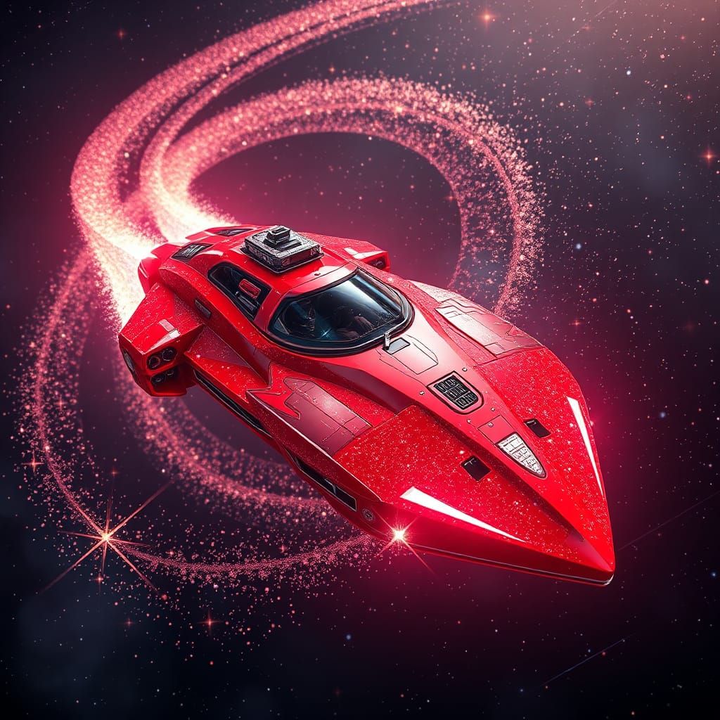 Red Spaceship Soaring Through Starry Expanse