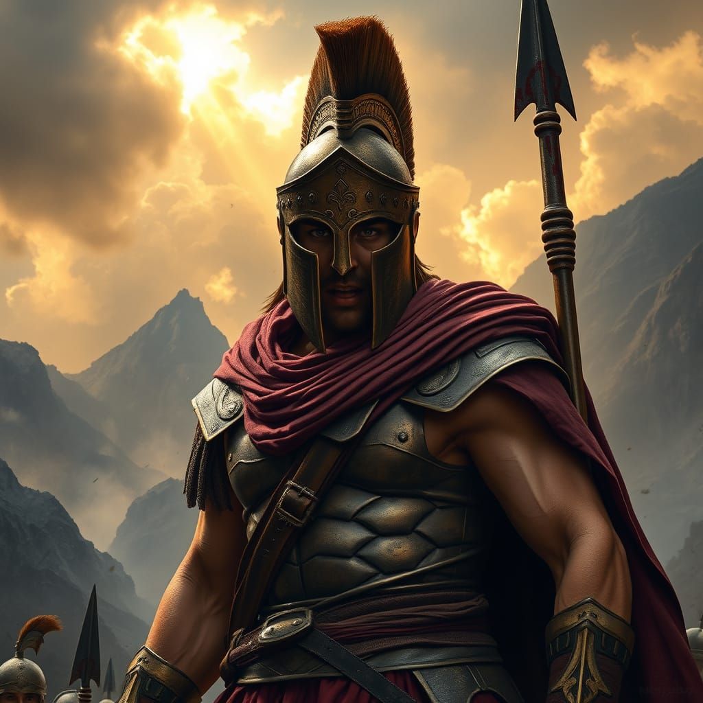 Fierce Spartan Warrior on Stormy Battlefield