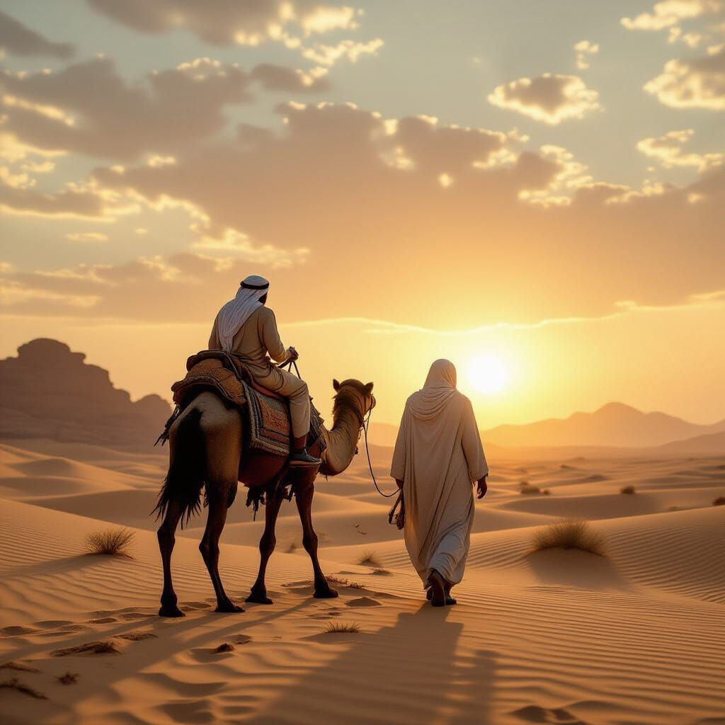 Bedouin Man and Camel in Alien Desert Under Double Sunset