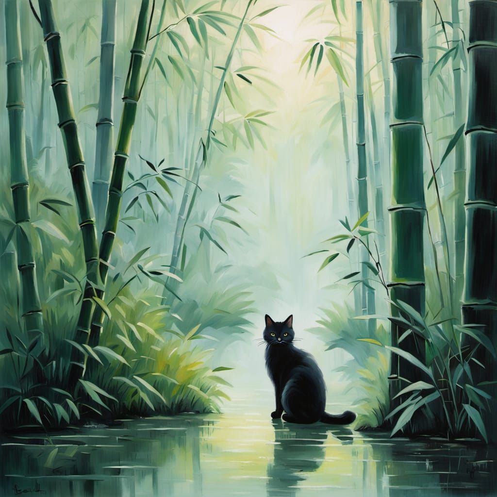 Misty Bamboo Forest at Dawn: Impressionist Oil Painting