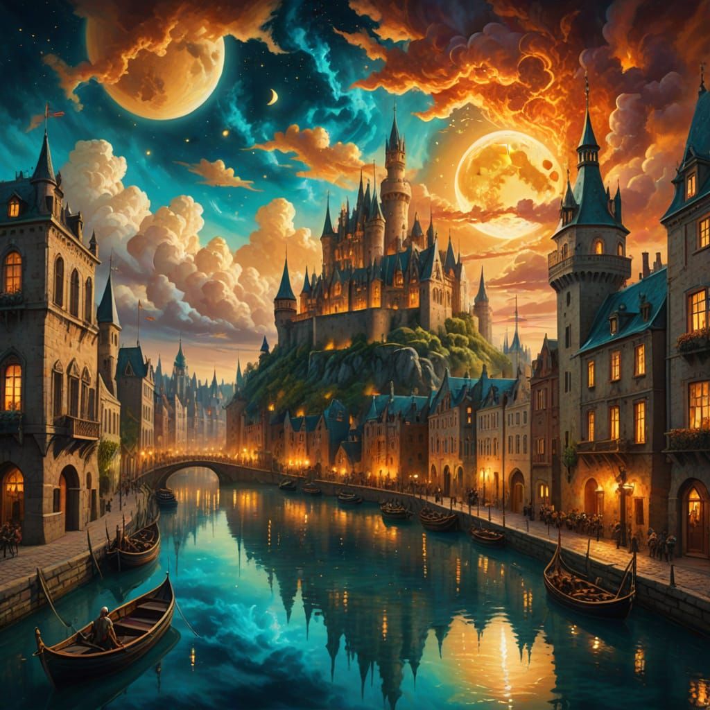 Fantasy City with Golden Light, Oil Painting