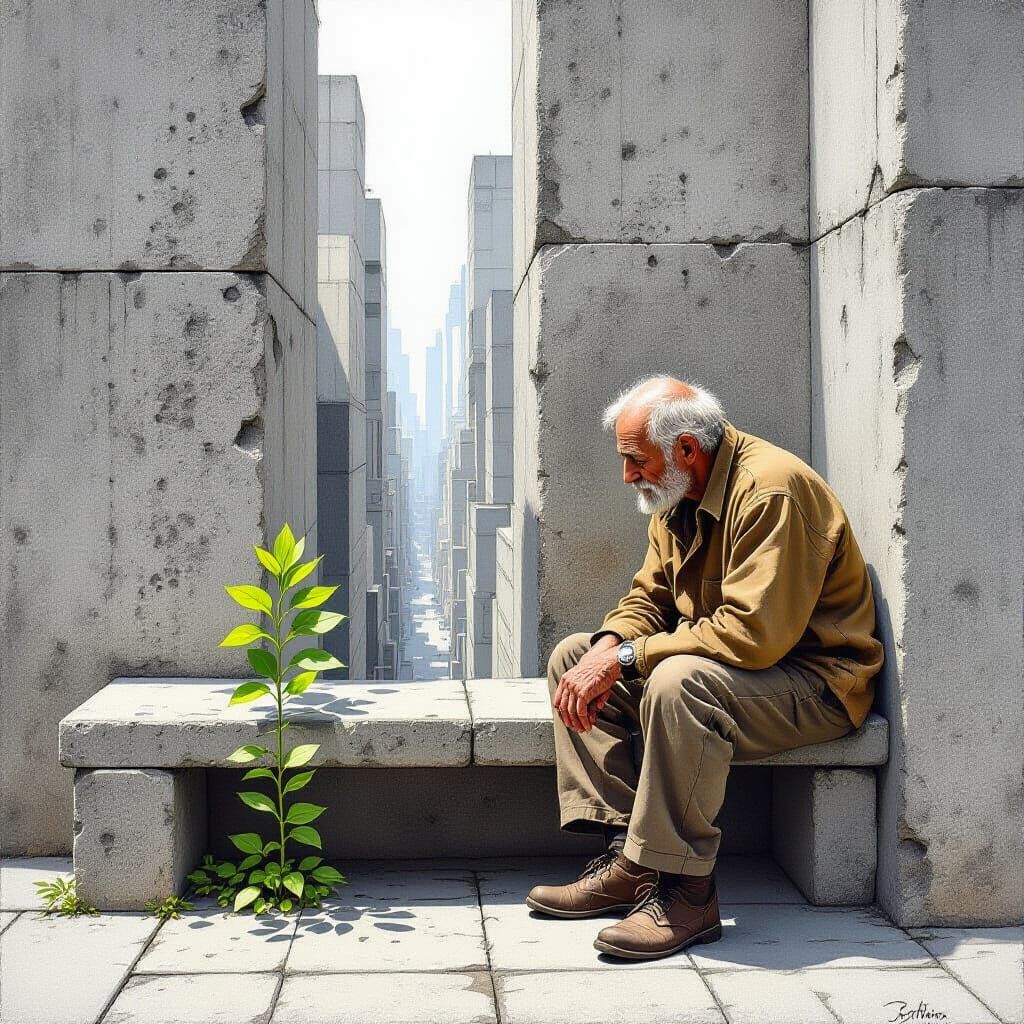 Contemplative Man in Concrete Cityscape