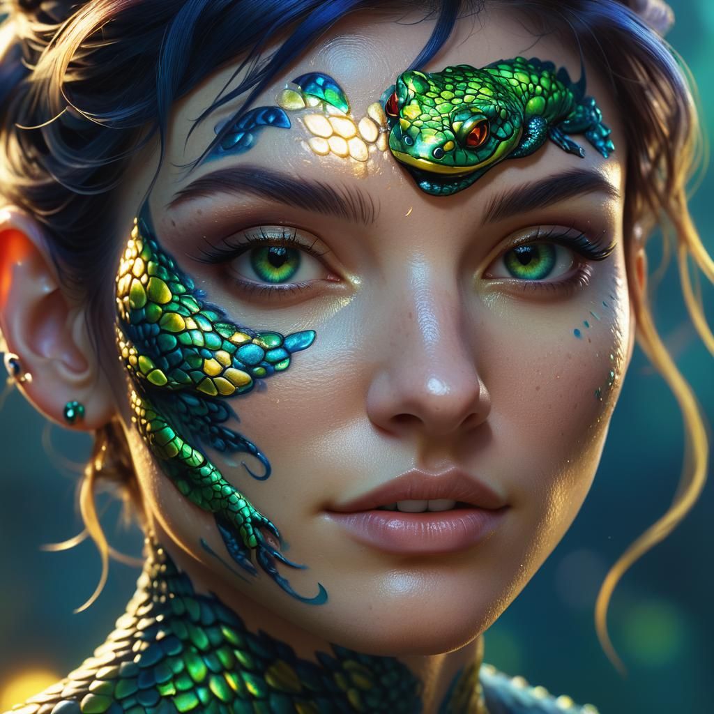 Fantastical Girl with Salamander Tattoo in Deep, Vibrant Col...