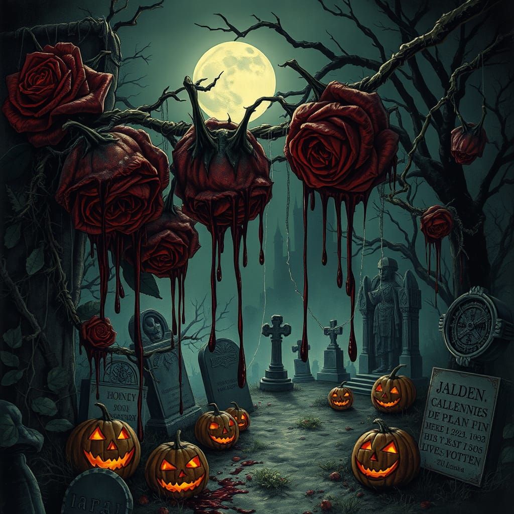 Gothic Halloween Scene with Decaying Roses and Blood