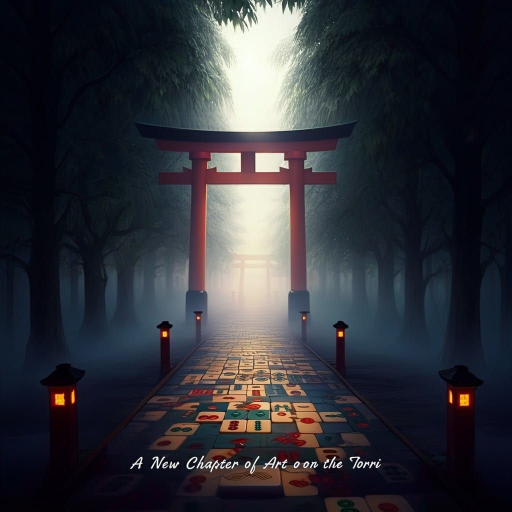 Mahjong Pathway to Japanese Torii Gate in Mystical Landscape