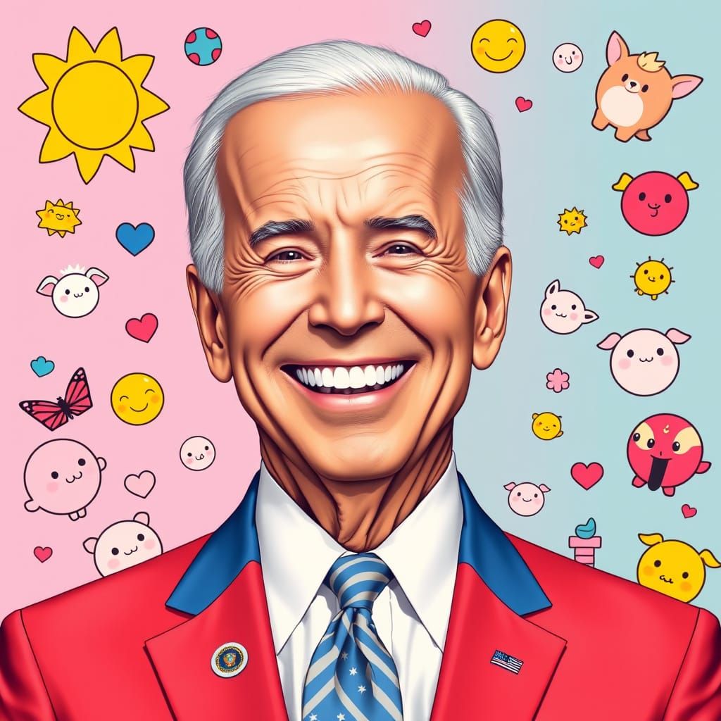Kawaii Joe Biden: Bright Smile, Colorful Suit, and Whimsical...