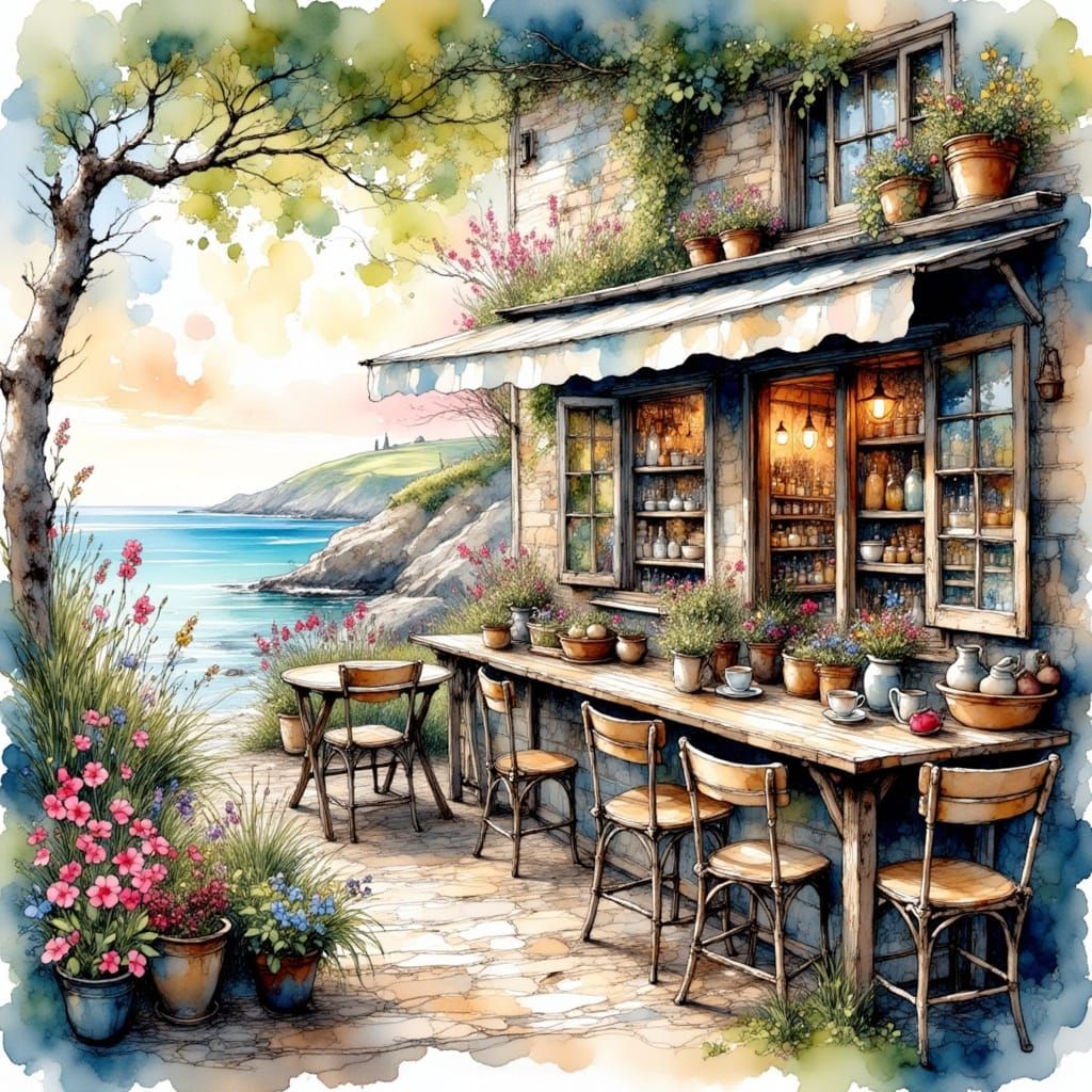 Ink Poet's Dreamy Coastal Cafe Scene