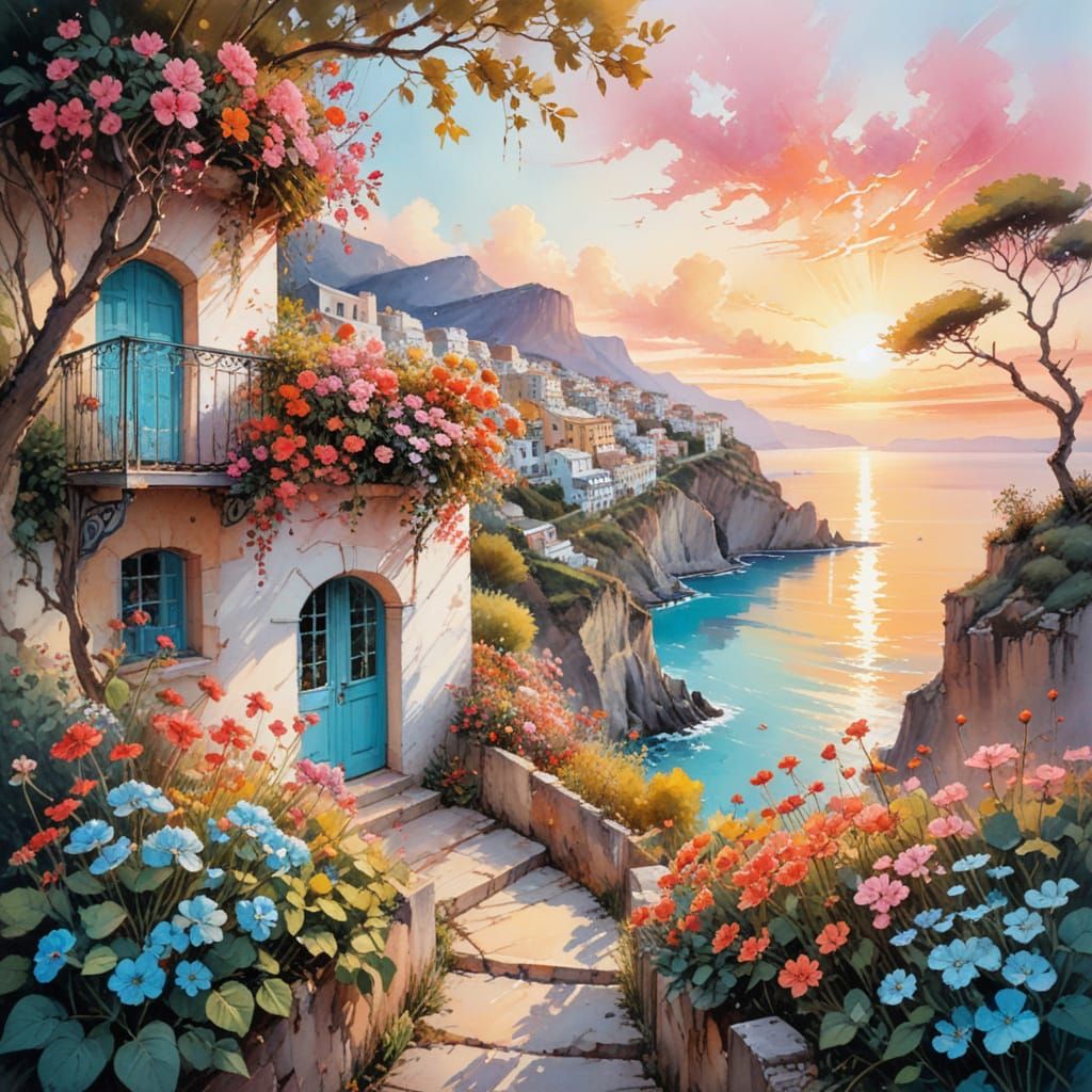 Vibrant Sunset Cliffside Village with Flowers and Sea