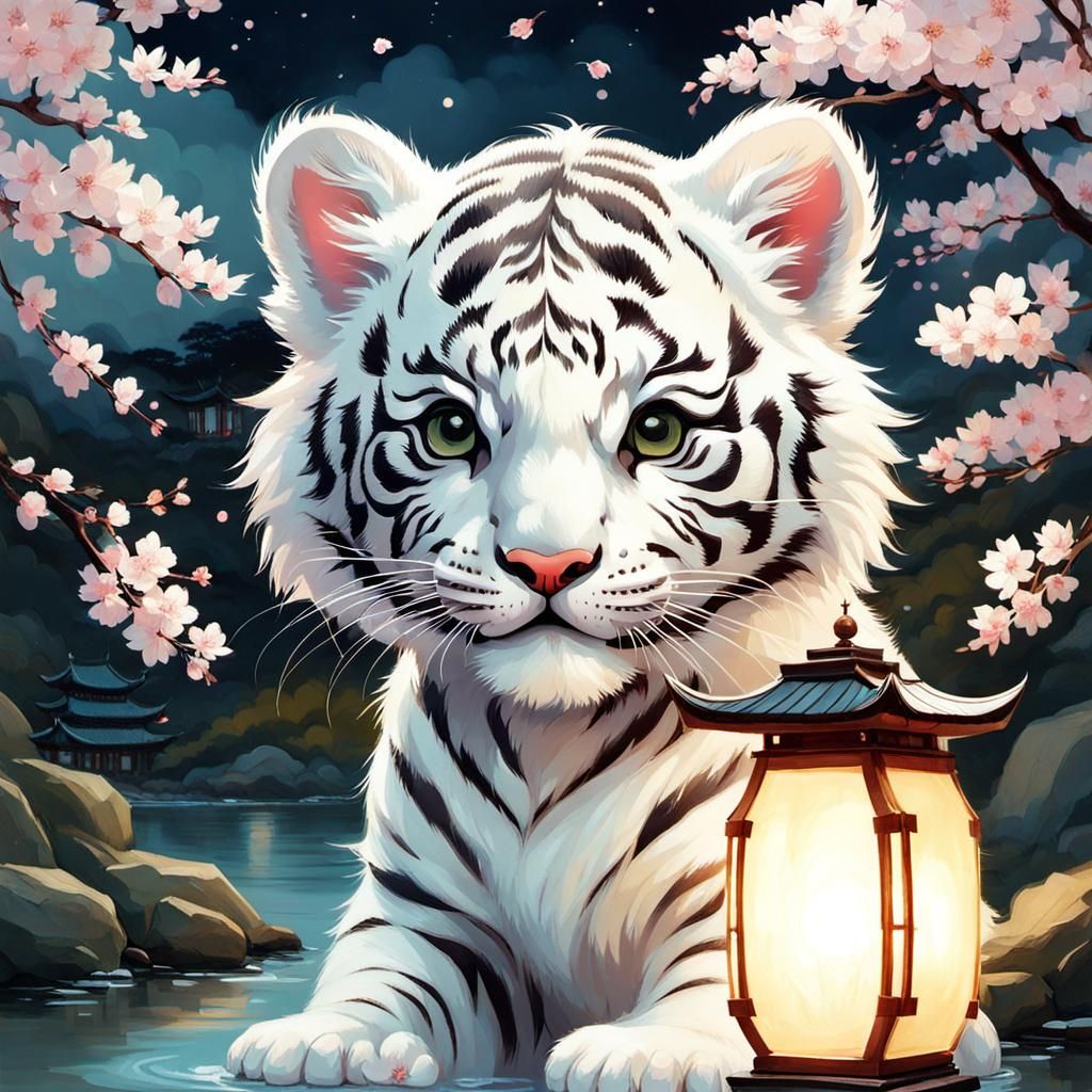 White Tiger Cub & Cherry Blossoms