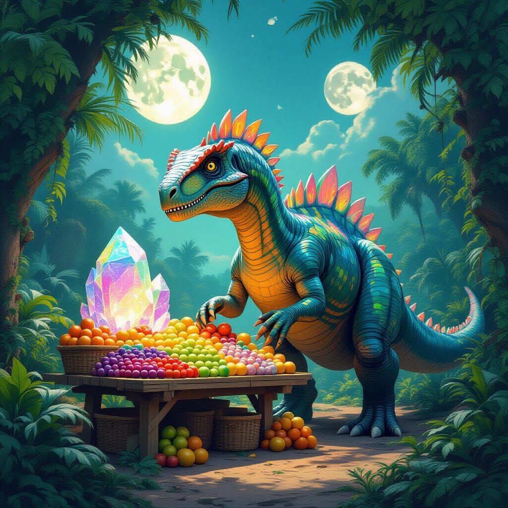 Colossal Dinosaur Arranging Glowing Fruit: Concept Art