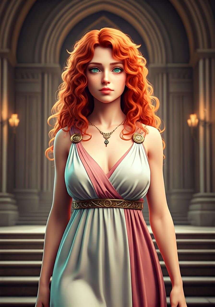 Ancient Greek Woman in Castle Hallway, Anime Style