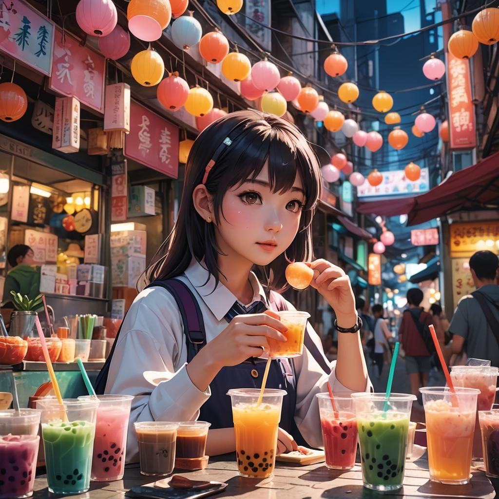 Anime Girl at Colorful Street Stall with Bubble Tea