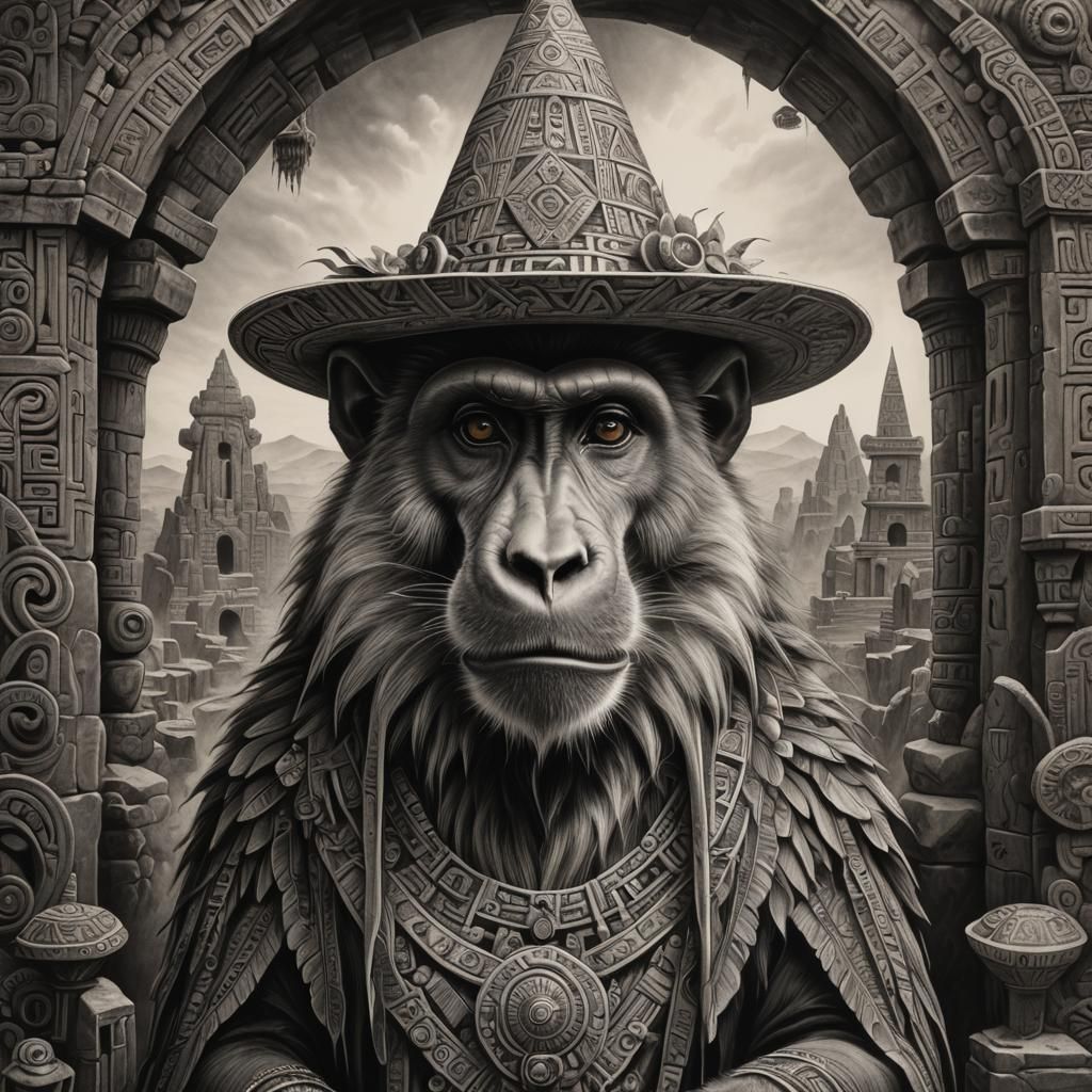 Baboon Wizard in Aztec Ruin: Charcoal Drawing
