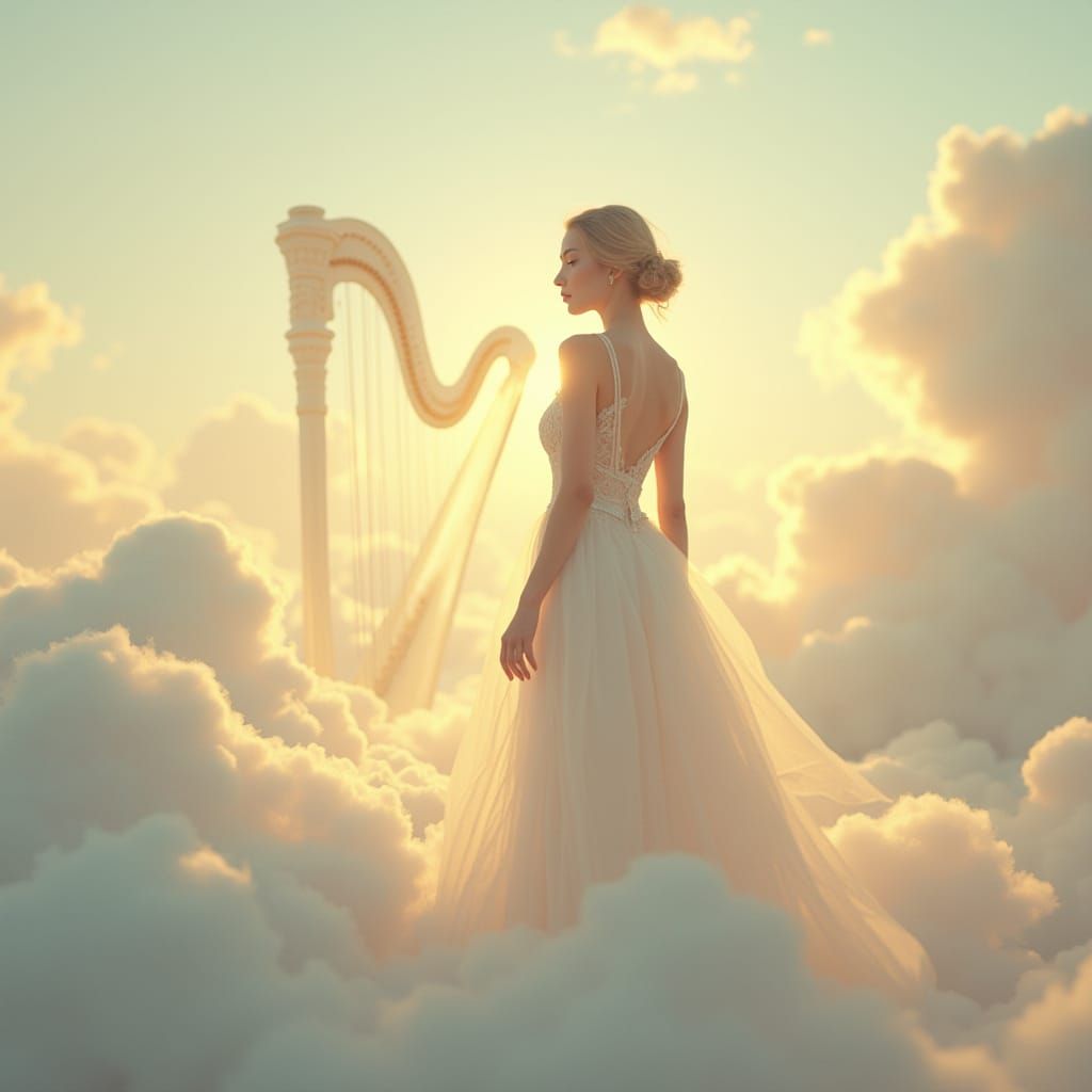 Serene Woman in Clouds with Golden Light and Harp Music