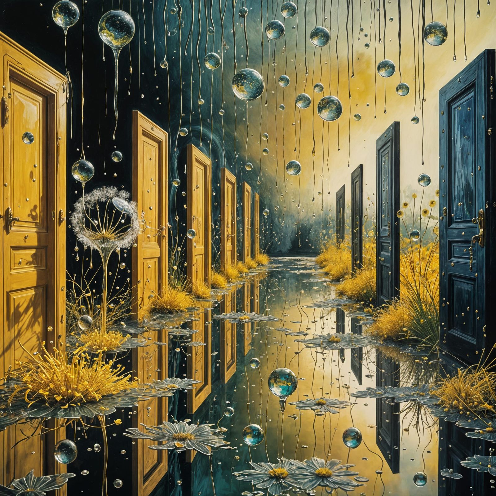 Surreal Liquid Mirror River Splashing Through Doors