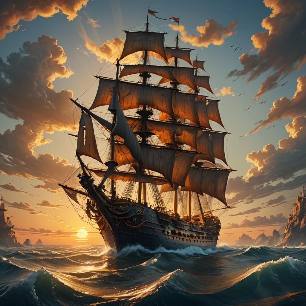 Fantasy Ship Sails Towards Sunset in Frazetta Style
