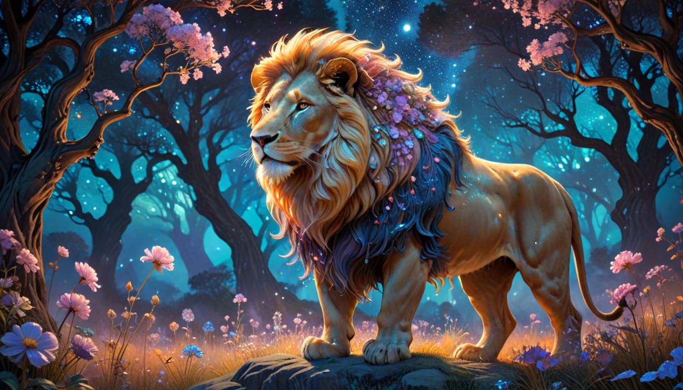 Mystical Starlight Lion in Moonlit Savanna