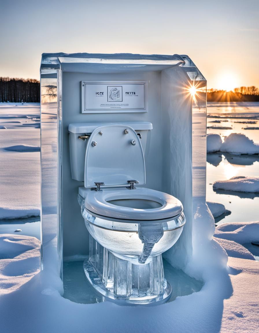 Detailed Ice Toilet Sculpture in Golden Hour
